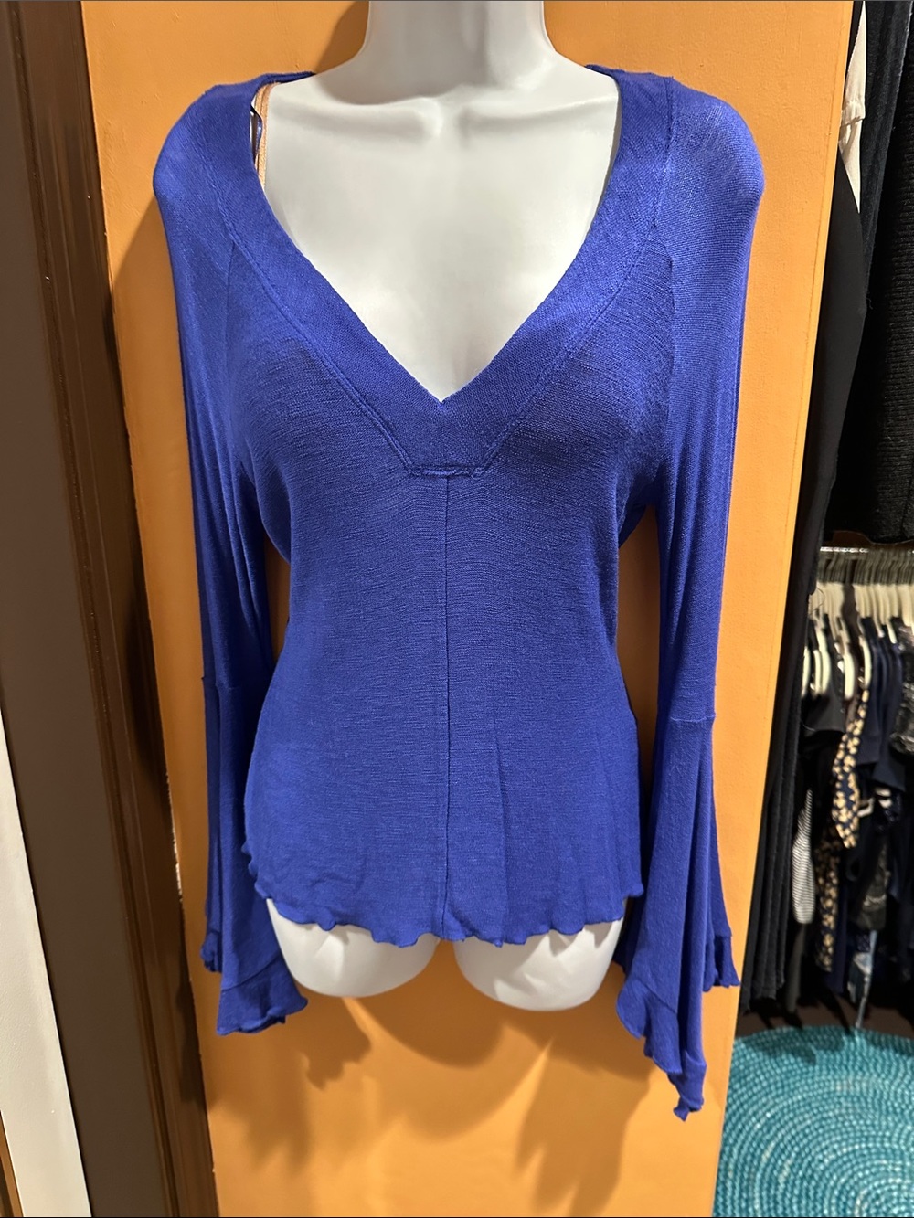 Free People Royal Blue V-Neck Flared Sleeve Knit Top